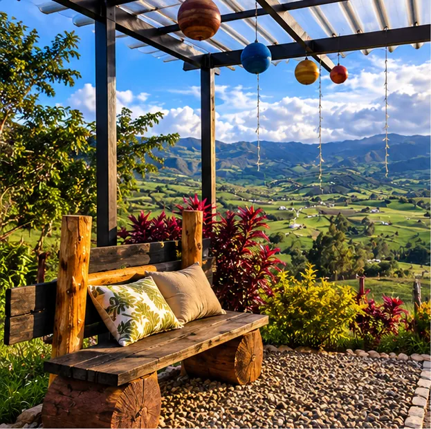 Banca de madera en la terraza del Apartamento
