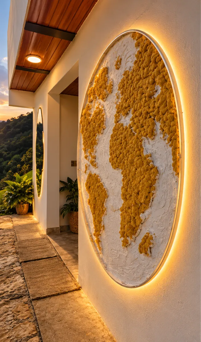 Mapamundi en musgo iluminado en el muro