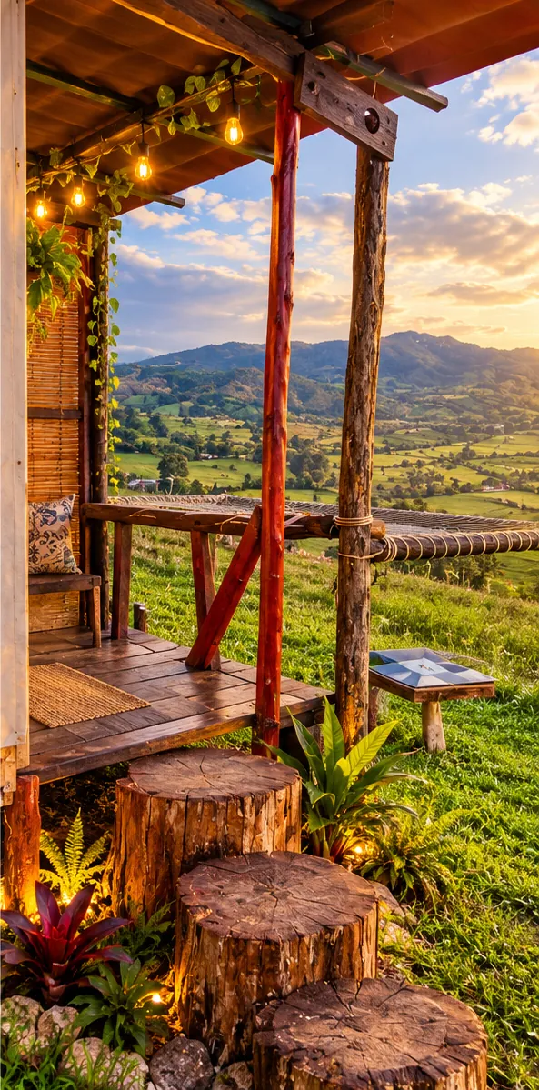 Terraza de madera del Eco-Bungalow frente al valle