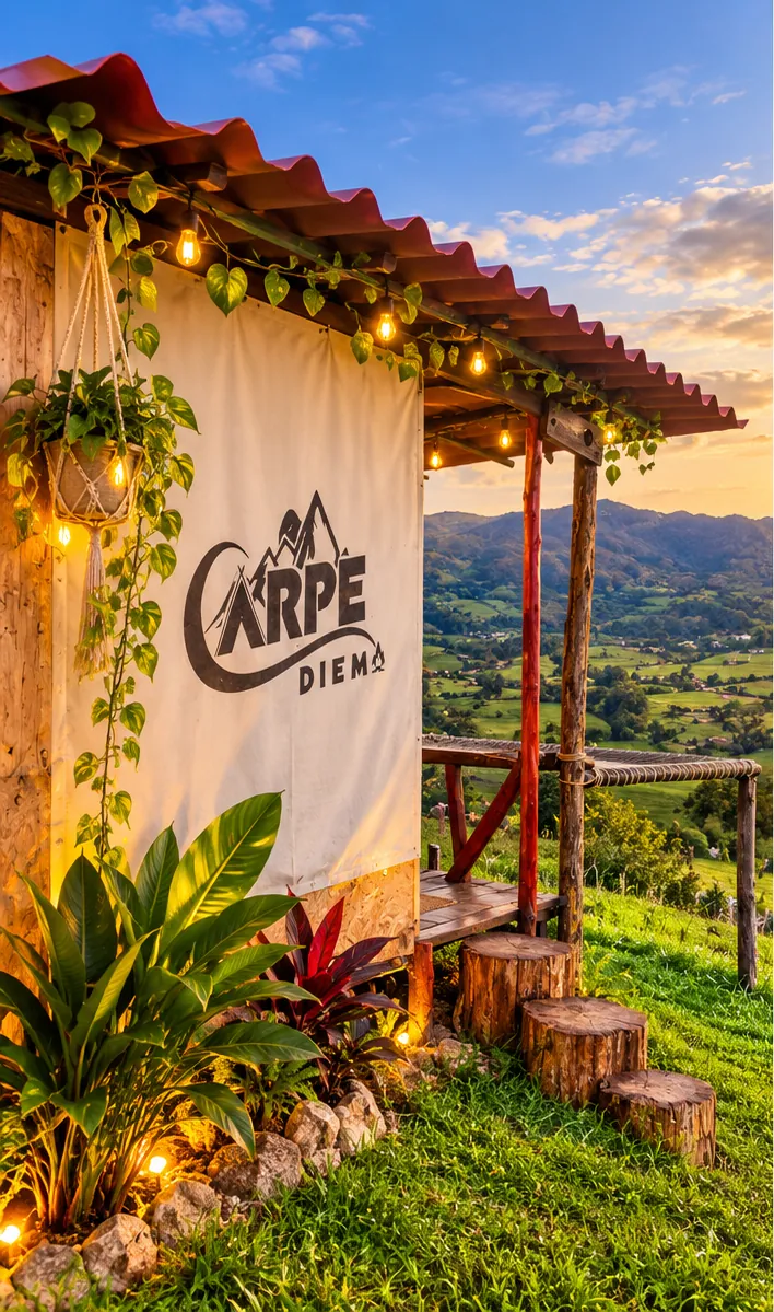 Entrada del Eco-Bungalow con plantas y luces