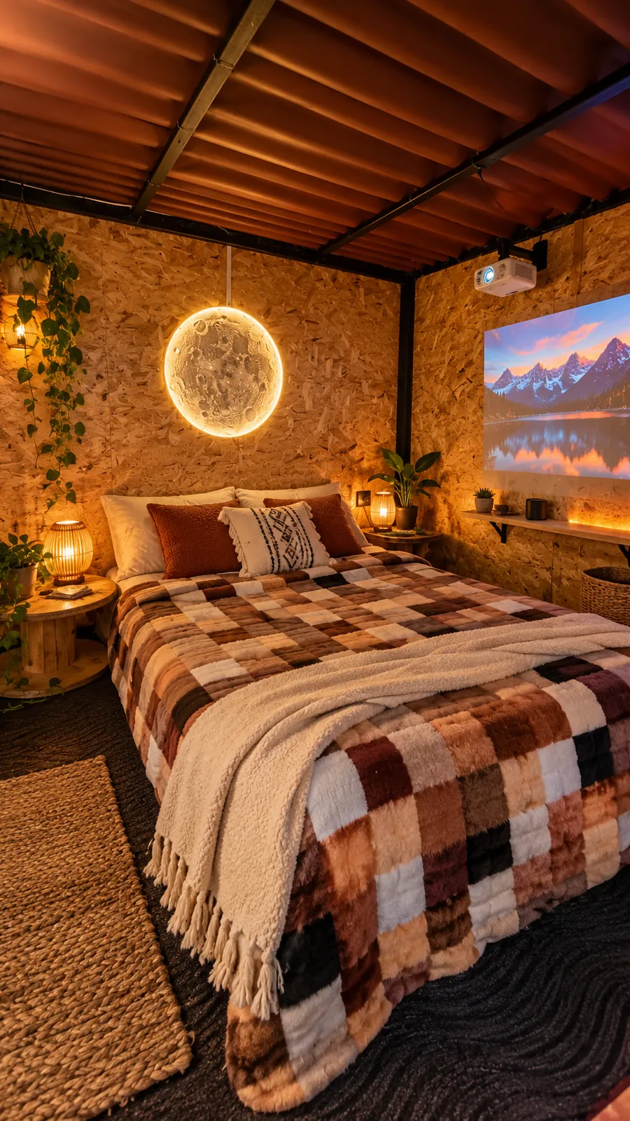 Interior del Eco-Bungalow con proyector