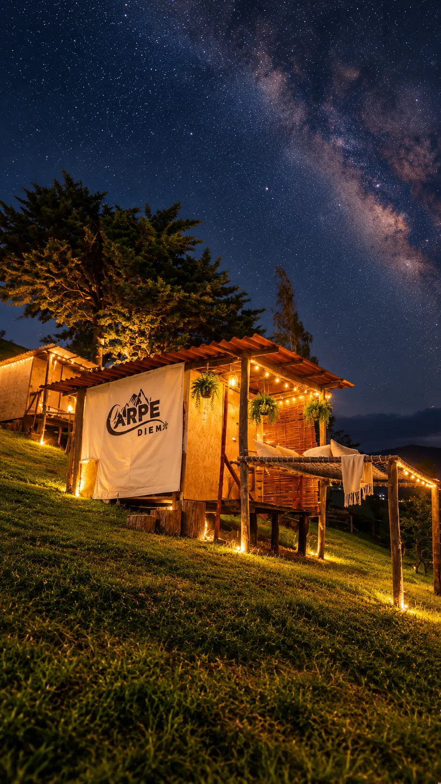 Eco-Bungalow iluminado bajo la Vía Láctea