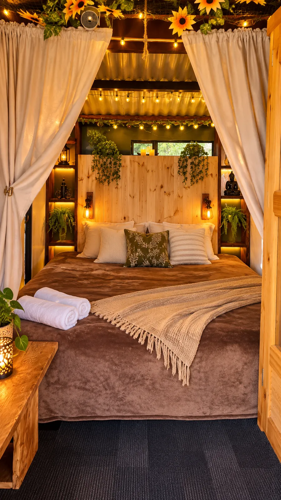 Dormitorio de la Suite Terraza con dosel y girasoles