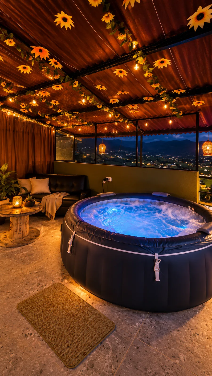 Jacuzzi nocturno entre girasoles con vista a las montañas