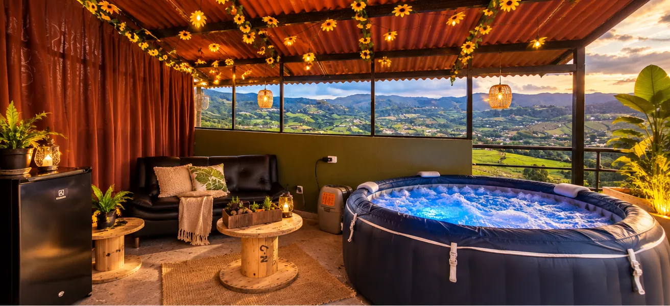 Sala y jacuzzi de la Suite Terraza con vista al valle