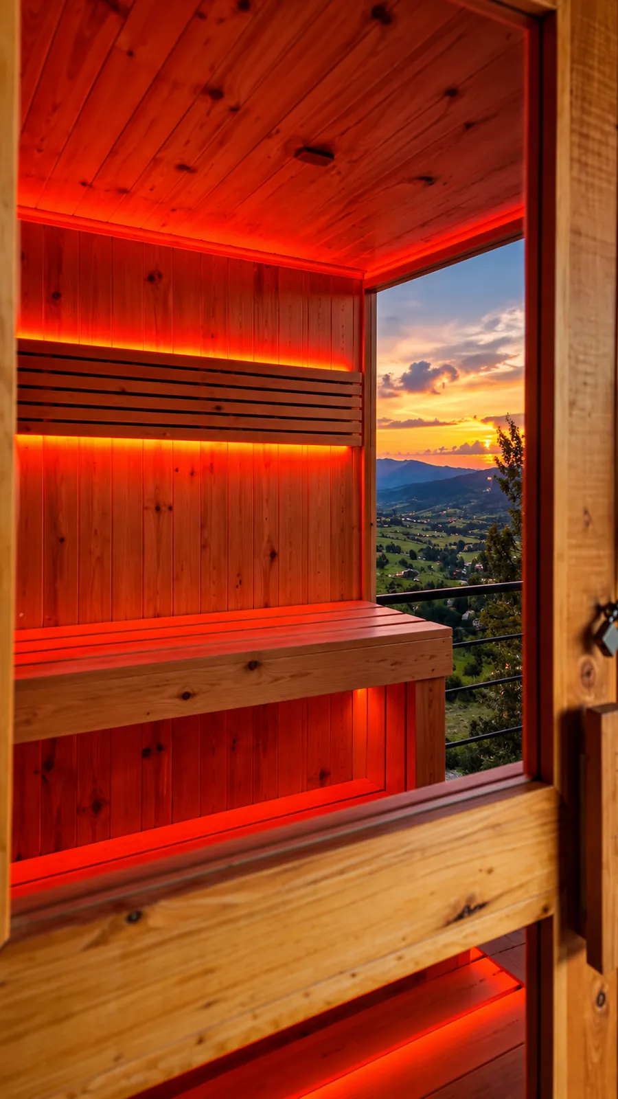 Sauna de madera con ventana al atardecer