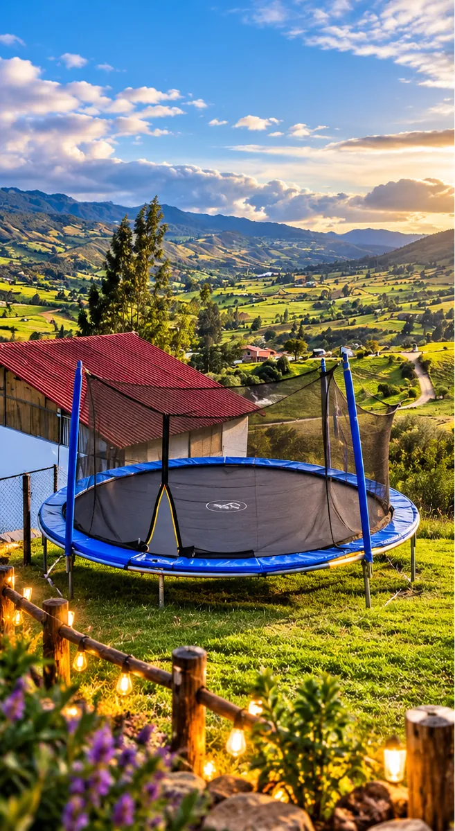Trampolín en el jardín con vista a las montañas